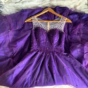 Purple, beaded, tool, floor length gown